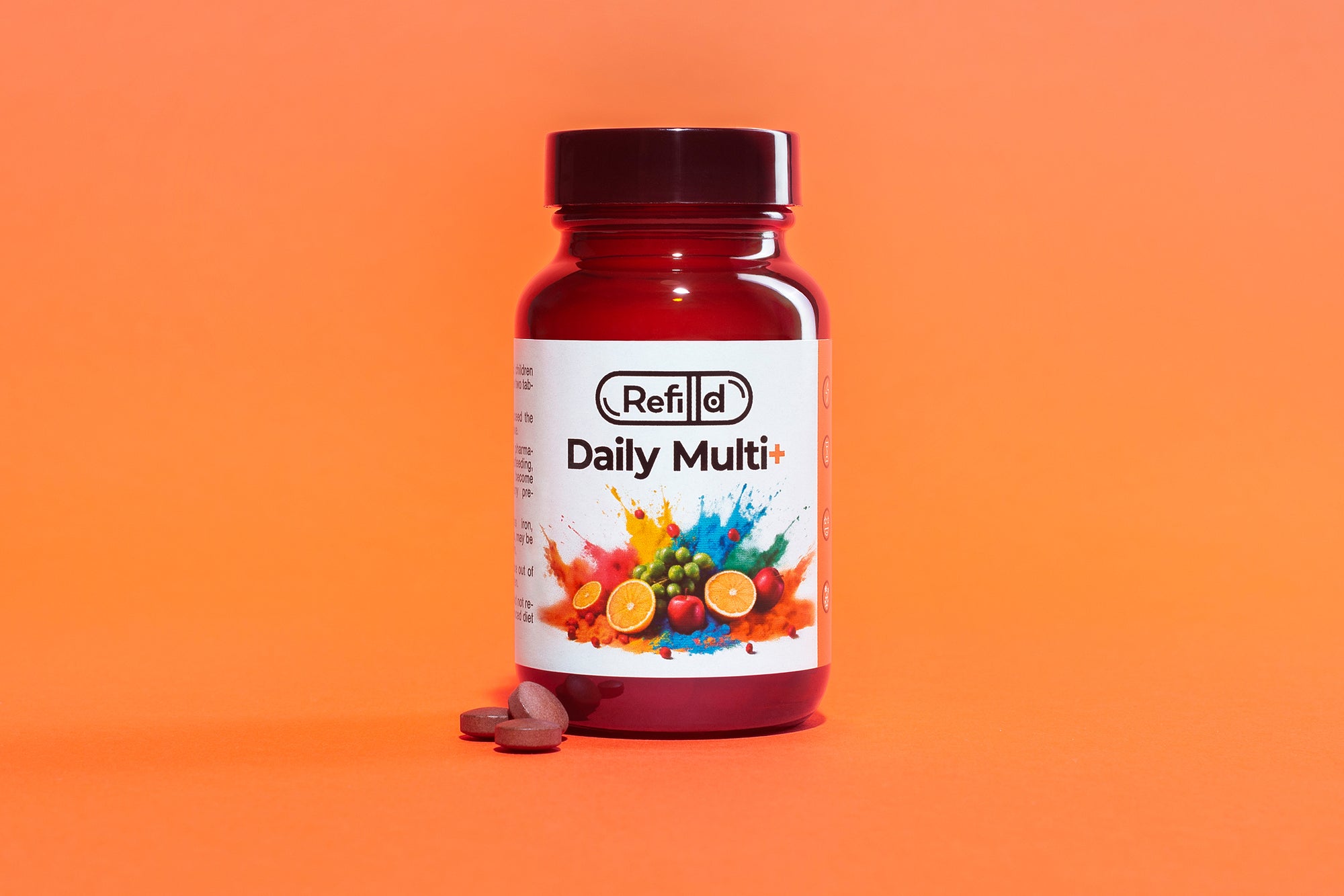 Refilld Daily Multi+ bottle with tablets, featuring vibrant fruit illustrations on an orange background. Refilld Daily Multi+, food supplement, bottle, orange background, vitamins