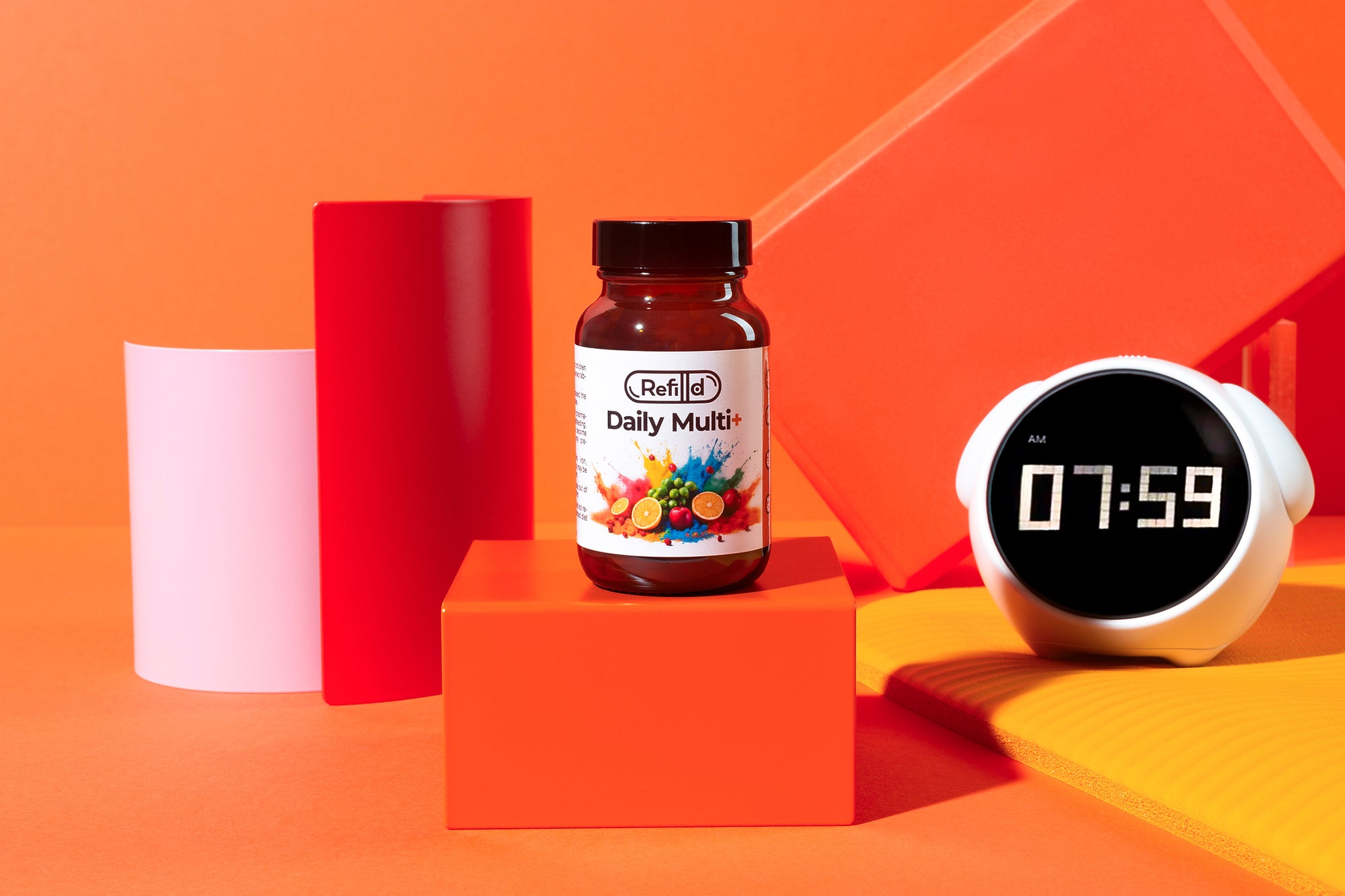 Refilld Daily Multi+ vitamin bottle displayed next to a clock on a bright orange background, promoting energy and wellness to kickstart your day.